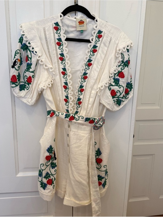 FARM Rio Pants - Farm Rio White Embroidered Strawberry Romper